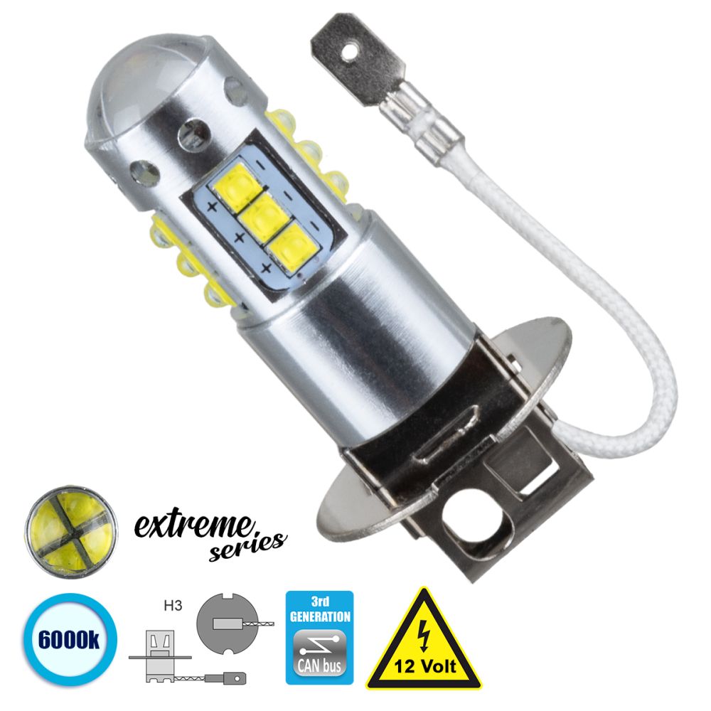 GLOBOSTAR® H3 81434 Λάμπα H3 CANbus LED 3.5W 760lm 360° DC 12V IP20 Ψυχρό Λευκό 6000K - 16 x CREE XBD Chip - Μ2.2 x Π2.2 x Υ4.4cm - 1 Χρόνο Εγγύηση