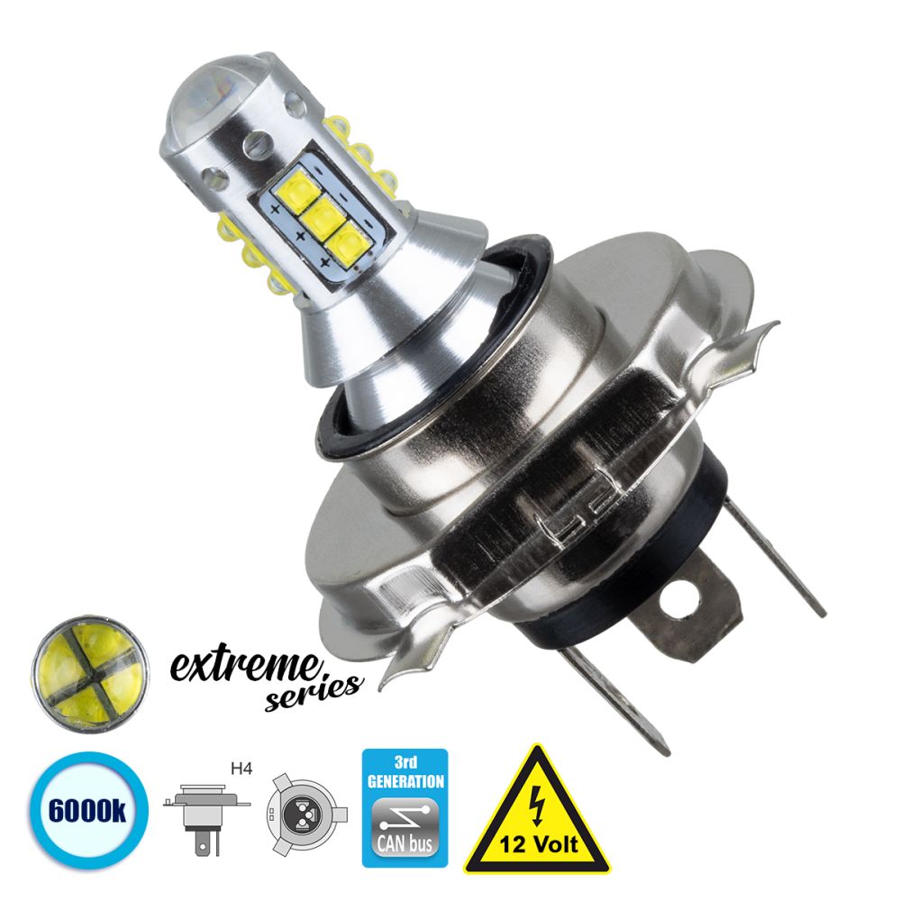 GloboStar® 81435 Λάμπα Αυτοκίνητου H4 3rd Generation Can-Bus Extreme Series LED 16 CREE XBD 3.5W 760lm 360° DC 12V IP20 Ψυχρό Λευκό 6000K
