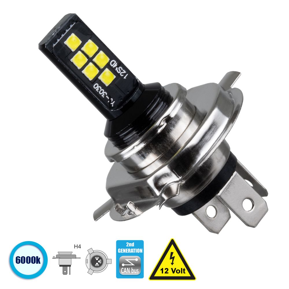 GLOBOSTAR® H4 81446 Λάμπα H4 CANbus LED 4W 440lm 360° DC 12V IP20 Ψυχρό Λευκό 6000K - 12 x Epistar SMD3030 Chip - Μ4.7 x Π4.7 x Υ6.6cm - 1 Χρόνο Εγγύηση