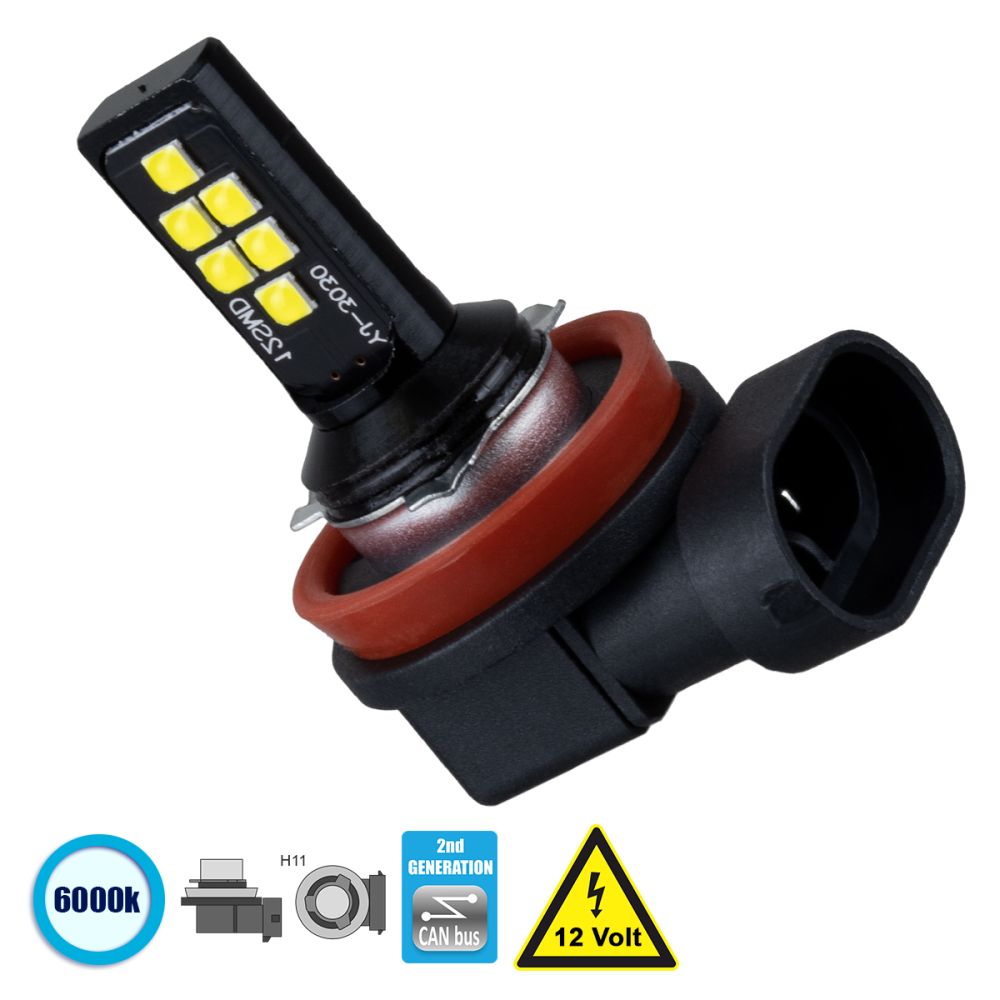 GLOBOSTAR® H11 81451 Λάμπα H11 CANbus LED 4W 440lm 360° DC 12V IP20 Ψυχρό Λευκό 6000K - 12 x Epistar SMD3030 Chip - Μ3.9 x Π3.1 x Υ5.1cm - 1 Χρόνο Εγγύηση