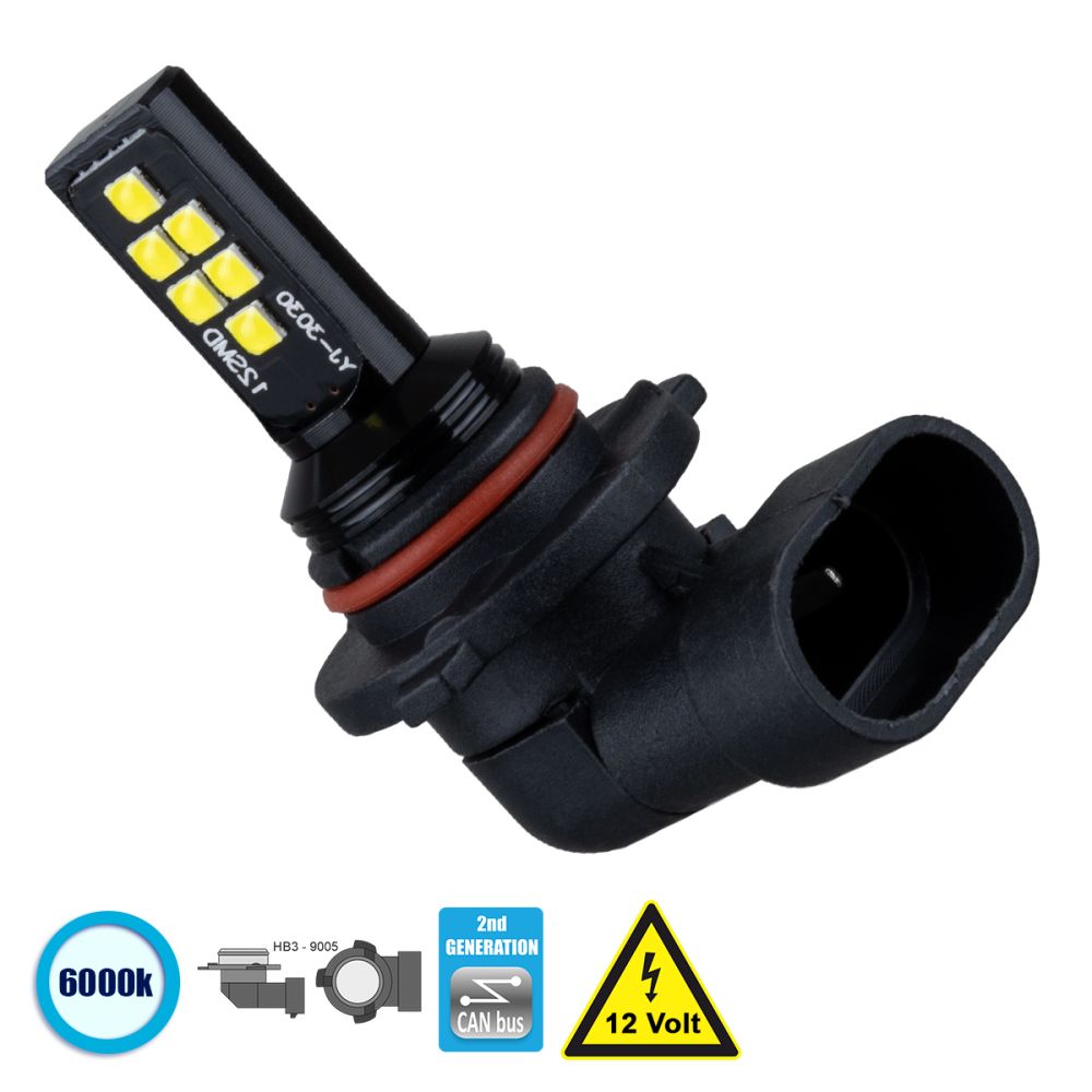 GLOBOSTAR® HB3-9005 81453 Λάμπα HB3 9005 CANbus LED 4W 440lm 360° DC 12V IP20 Ψυχρό Λευκό 6000K - 12 x Epistar SMD3030 Chip - Μ3.9 x Π3.1 x Υ5.1cm - 1 Χρόνο Εγγύηση