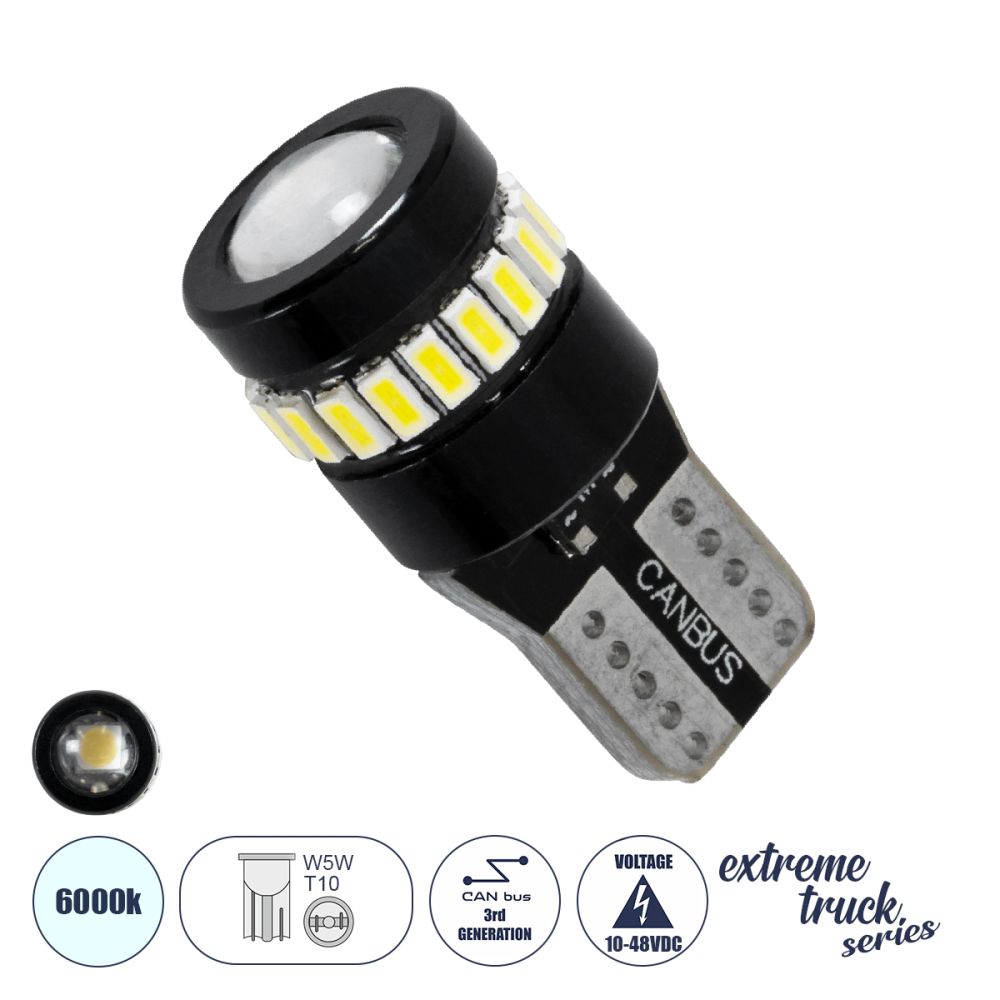 GloboStar® T10 W5W 81463 Λάμπα Αυτοκινήτου LED  3rd Generation Can-Bus Extreme Truck Series 18xSMD3014 1.8W 278lm 360° DC 10-48V IP20 Φ1.2 x Υ2.8cm Ψυχρό Λευκό 6000K