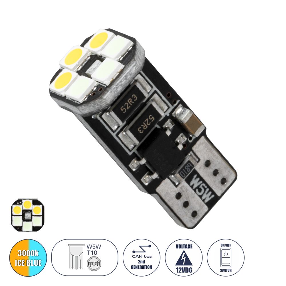 GloboStar® T10 W5W 81466 Λάμπα Αυτοκινήτου LED 3 Stage Color Change by Switch On/Off  2rd Generation Can-Bus Series 10xSMD3535 1.32W 125lm 360° DC 12V IP20 Μ1 x Π1 x Υ2.5cm Θερμό Λευκό 3000K & Ice Blue