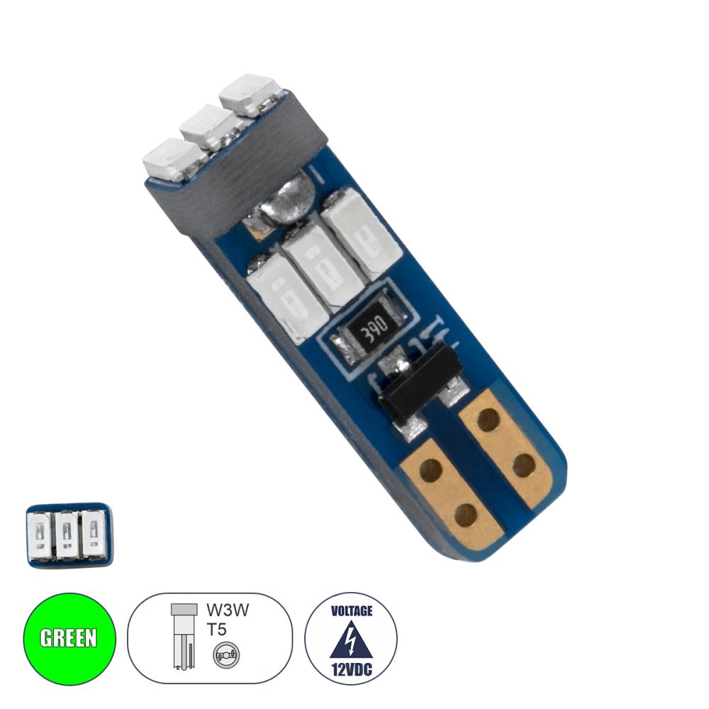 GloboStar® T5 81470 Λάμπα Αυτοκινήτου LED 9xSMD3014 0.36W 75lm 360° DC 12V IP20 Μ0.5 x Π0.4 x Υ1.8cm Πράσινο