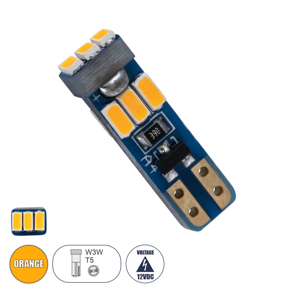 GloboStar® T5 81472 Λάμπα Αυτοκινήτου LED 9xSMD3014 0.36W 75lm 360° DC 12V IP20 Μ0.5 x Π0.4 x Υ1.8cm Πορτοκαλί
