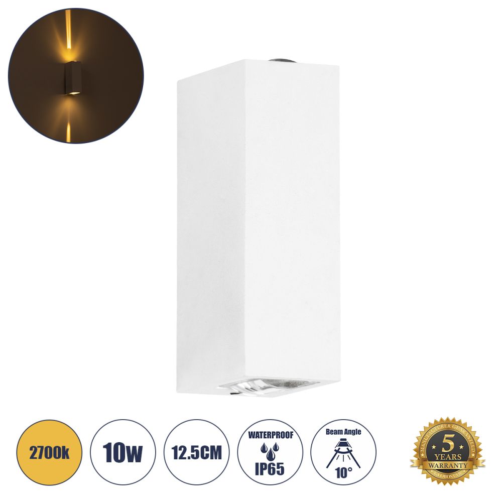 GLOBOSTAR® LINOR 60527 Μοντέρνο Φωτιστικό Τοίχου - Απλίκα LED 10W 1000lm 10° AC 220-240V Αδιάβροχο IP65 Θερμό Λευκό 2700K - Bridgelux COB Chip & TÜV SÜD Driver - Λευκό Ματ - Μ12.5 x Π6 x Υ4cm - 5 Χρόνια Εγγύηση