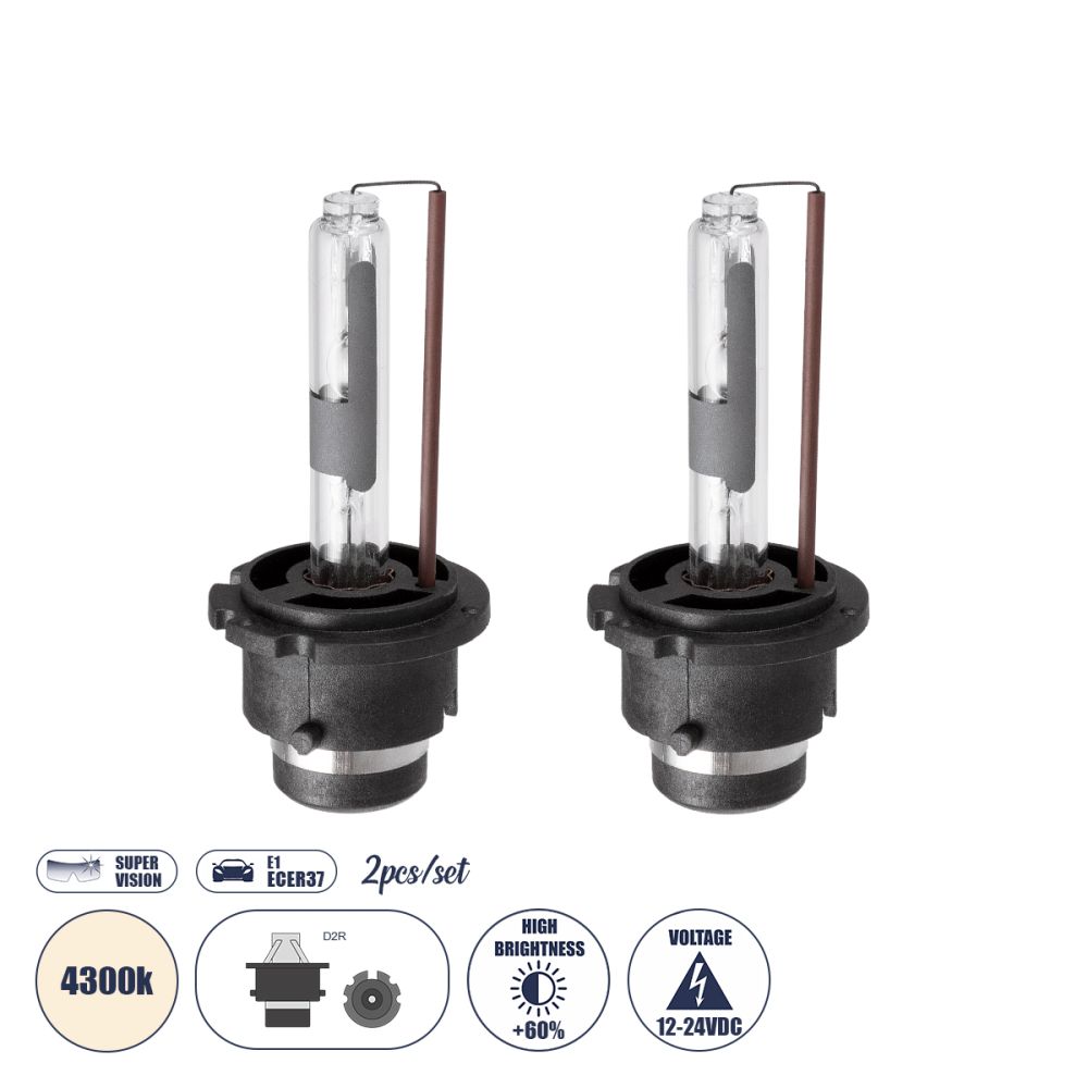 GLOBOSTAR® HID 84025 Λάμπα Xenon D2R Super Vision Υψηλής Φωτεινότητας +60% CANbus E1 ECER37 55W/110W 5000lm/10000lm 360° DC 12-24V Αδιάβροχο IP65 Φυσικό Λευκό 4300K - Μ3.2 x Π3.2 x Υ7.5cm - Πακέτο 2 Τεμαχίων - 2 Χρόνια Εγγύηση