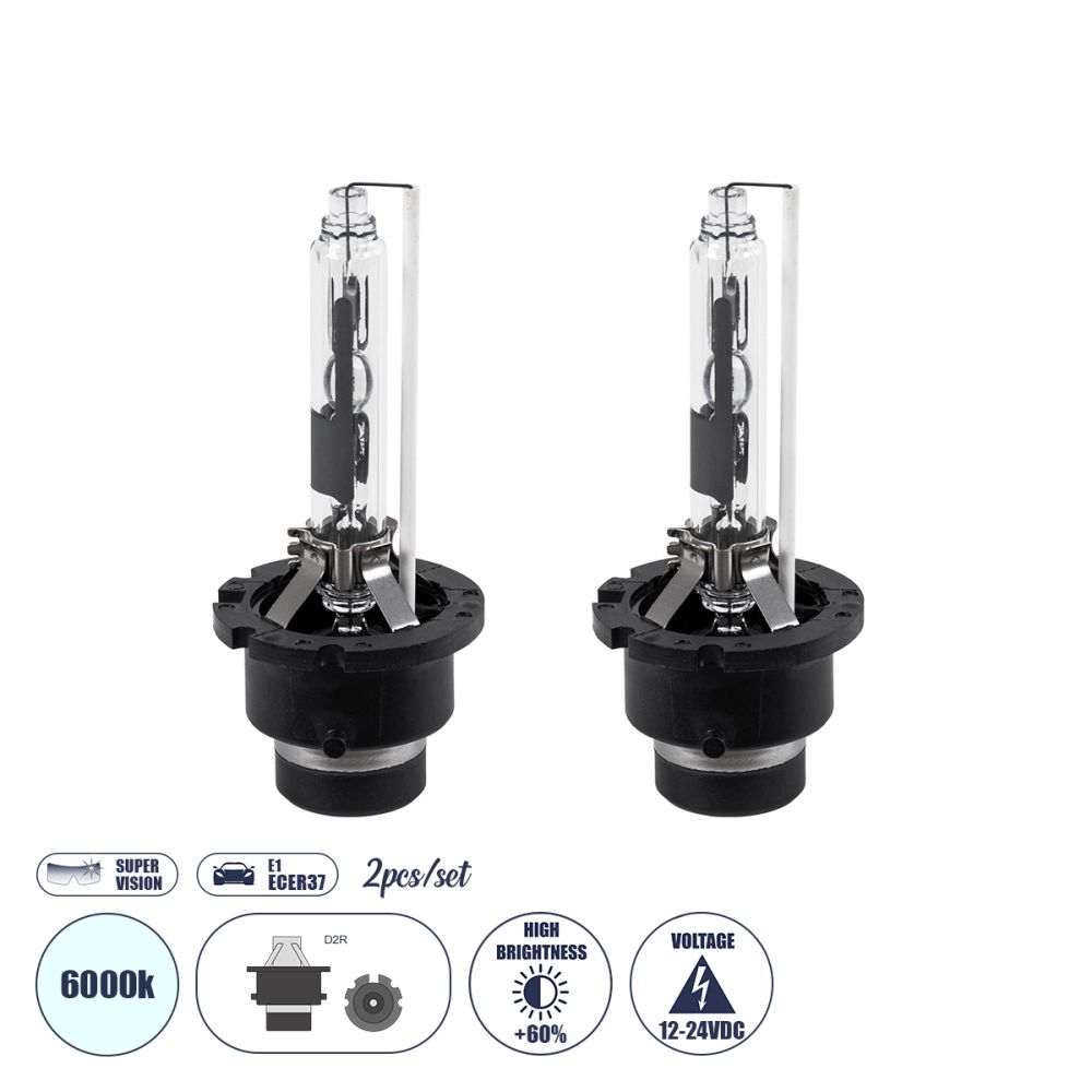 GLOBOSTAR® HID 84033 Λάμπα Xenon D2R Super Vision Υψηλής Φωτεινότητας +60% CANbus E1 ECER37 55W/110W 5000lmΨυχρό Λευκό 6000K - Μ3.2 x Π3.2 x Υ7.5cm - Πακέτο 2 Τεμαχίων - 2 Χρόνια Εγγύηση
