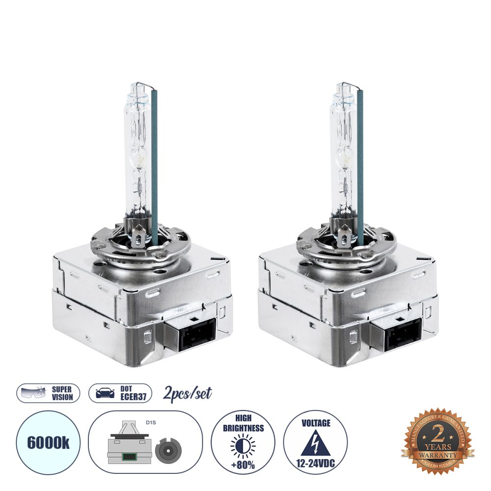 GLOBOSTAR® HID 84040 Λάμπα Xenon D1S Super Vision Υψηλής Φωτεινότητας +80% CANbus DOT ECER37 55W/110W 5000lm/10000lm 360° DC 12-24V Αδιάβροχο IP65 Ψυχρό Λευκό 6000K - Μ4 x Π5 x Υ8cm - Πακέτο 2 Τεμαχίων - 2 Χρόνια Εγγύηση