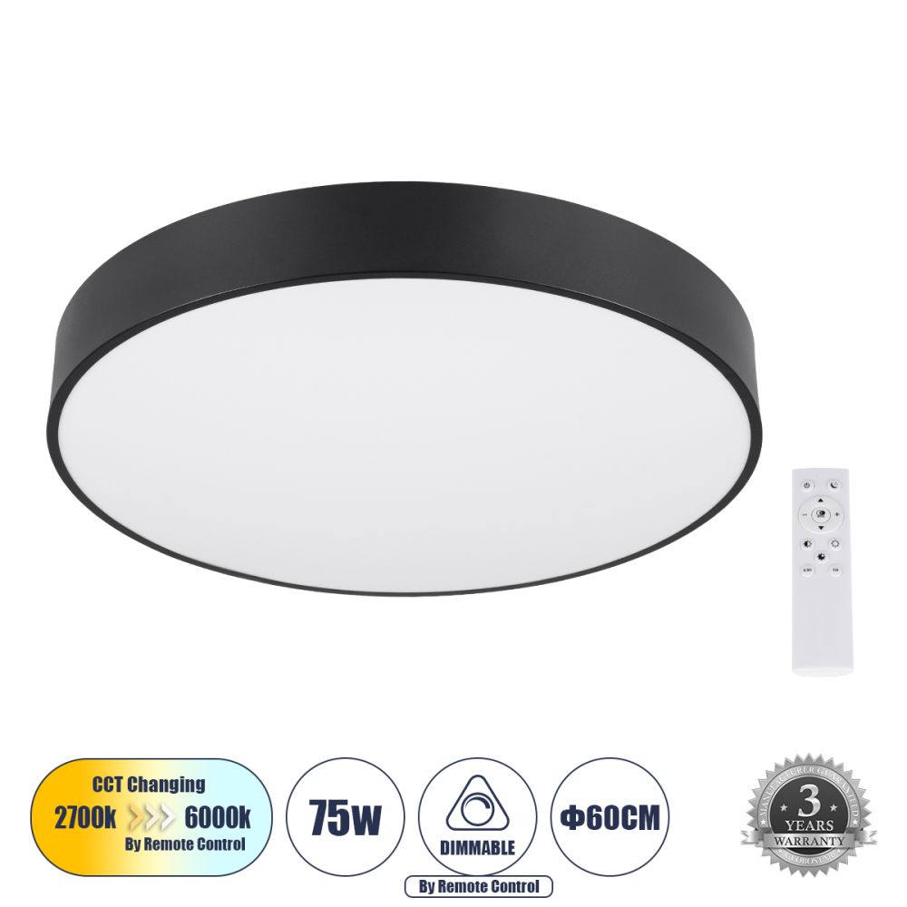 GLOBOSTAR® BURTON 61202-S Μοντέρνο Φωτιστικό Οροφής LED 75W 8625lm 120° AC 220-240V IP20 Ρυθμιζόμενο Λευκό CCT με Χειριστήριο από 2700K έως 6000K Dimmable - Lumileds SMD Chip - Μαύρο Ματ - Μ60 x Π60 x Υ8cm - 3 Χρόνια Εγγύηση