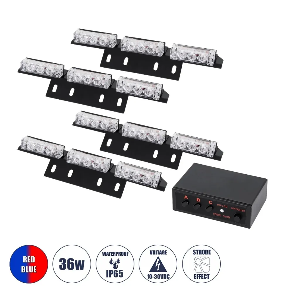 GloboStar® 85017 PRO Series ΣΕΤ 4 x 3 Μπάρες Σήμανσης Οχήματος Οδικής Βοήθειας για Αυτοκίνητα & Φορτηγά 3 Προγραμμάτων Φωτισμού STROBE LED HIGH POWER 36W DC 10-30V Αδιάβροχο IP65 Κόκκινο & Μπλε-  Μ18 x Π4.5 x Υ3cm - 2 Χρόνια Εγγύηση