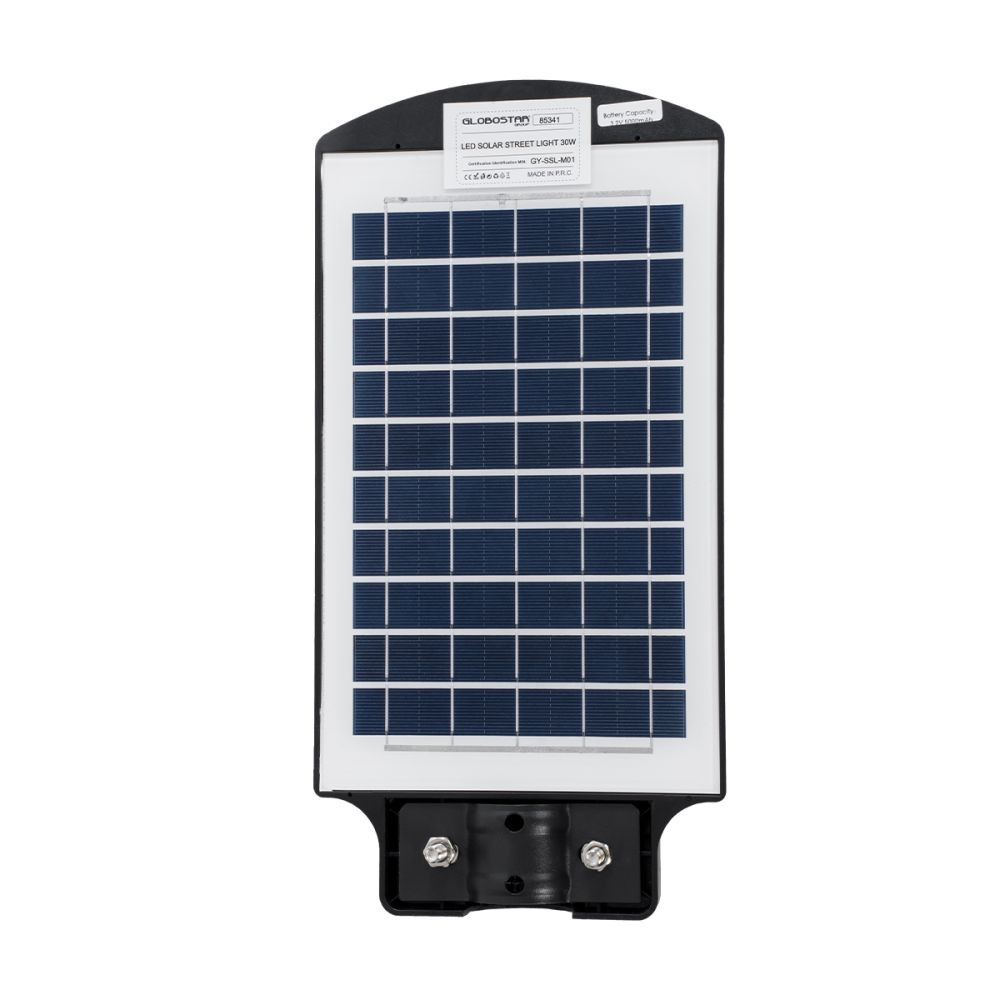 GLOBOSTAR® STREETB 85341 Φωτιστικό Δρόμου LED 30W 1500lm 120° DC 5V με Ενσωματωμένο Φωτοβολταϊκό Panel 6V 6W & Επαναφορτιζόμενη Μπαταρία Li-ion 3.2V 5000mAh με Αισθητήρα Κίνησης-Ημέρας-Νύχτας Αδιάβροχο IP65 Ψυχρό Λευκό 6000K - Μαύρο - Μ20 x Π40 x Υ6cm