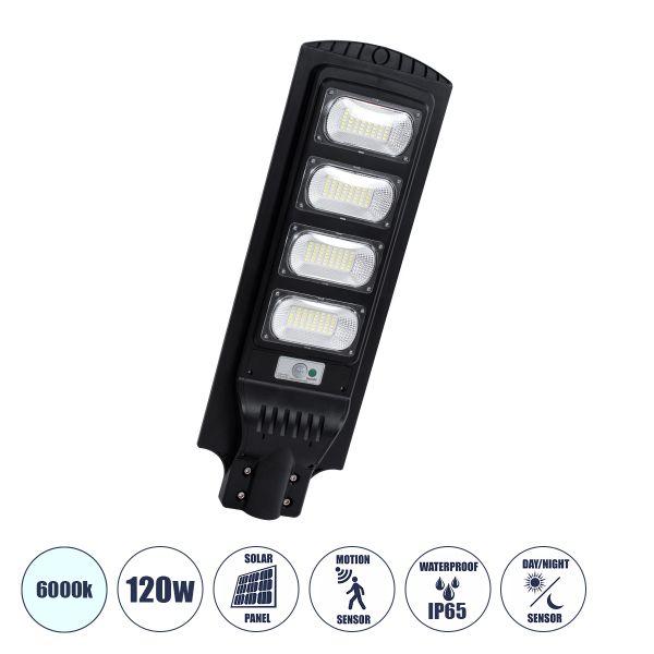 GloboStar® STREETA 85344 Professional LED Solar Street Light Αυτόνομο Ηλιακό Φωτιστικό Δρόμου 120W 1200lm 192 x LED SMD 5730 με Ενσωματωμένο Φωτοβολταϊκό Panel 6V 15W & Επαναφορτιζόμενη Μπαταρία Li-ion 3.2V 15000mAh με Αισθητήρα Ημέρας-Νύχτας & PI