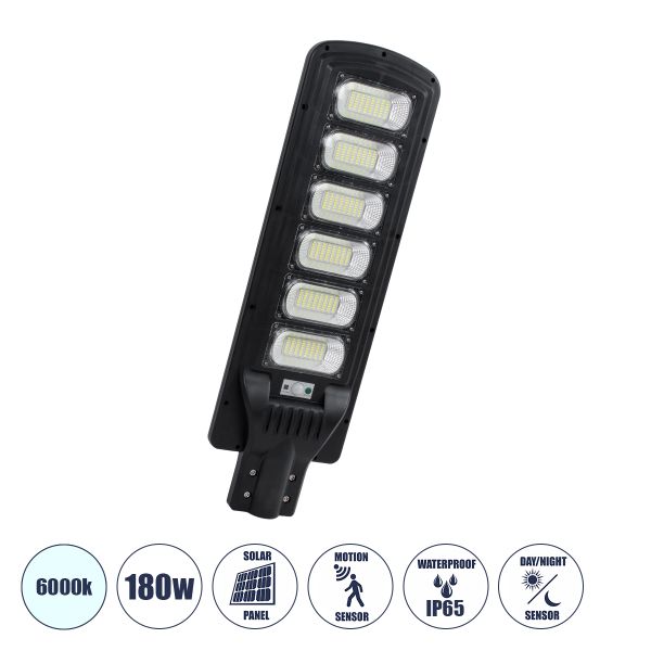 GloboStar® STREETA 85346 Professional LED Solar Street Light Αυτόνομο Ηλιακό Φωτιστικό Δρόμου 180W 1800lm 288 x LED SMD 5730 με Ενσωματωμένο Φωτοβολταϊκό Panel 6V 20W & Επαναφορτιζόμενη Μπαταρία Li-ion 3.2V 30000mAh με Αισθητήρα Ημέρας-Νύχτας & PI