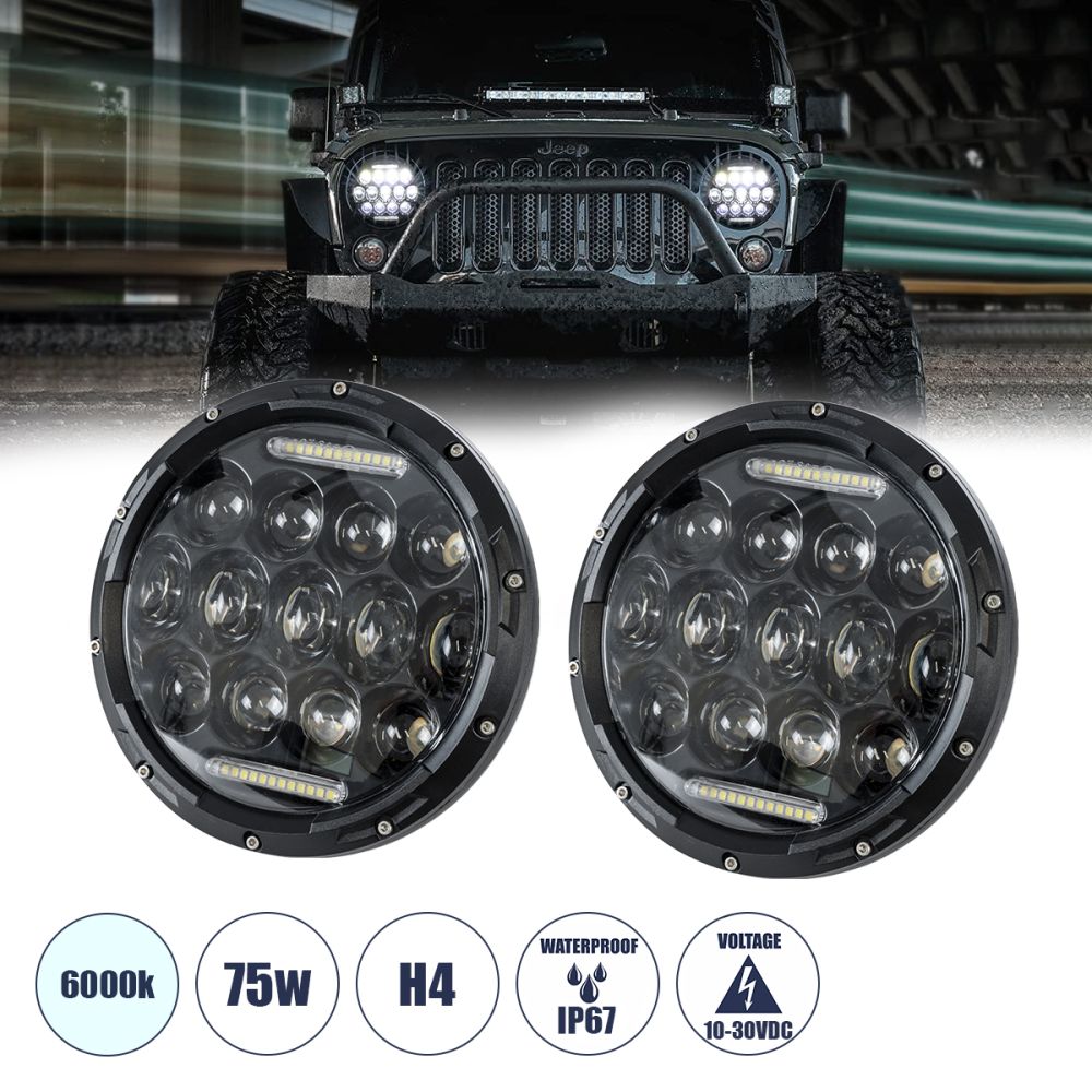 GloboStar® 85417 Σετ 2 x Φανάρια JEEP WRANGLER 7'' Ιντσών Βασικού Φωτισμού H/L με Ring Light DRL LED CREE CXB COB 75W 12000lm DC 10-30V Αδιάβροχα IP67 Ψυχρό Λευκό 6000K