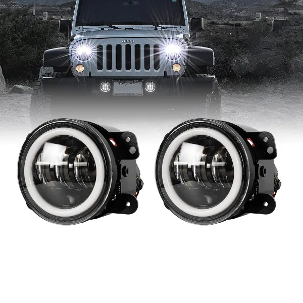 GloboStar® 85418 Σετ 2 x Προβολείς Ομίχλης JEEP WRANGLER - MERCEDES BENZ G CLASS - LAND ROVER DEFENDER - HAMMER H1-H2 - 4'' Ιντσών με Ring Light DRL LED CREE CXB COB 100W 7500lm DC 12V Αδιάβροχοι IP66 Ψυχρό Λευκό 6000K