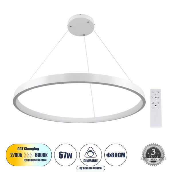 GLOBOSTAR® NEMESIS 61162 Μοντέρνο Κρεμαστό Φωτιστικό Οροφής LED 67W 7689lm 360° AC 220-240V IP20 Ρυθμιζόμενο Λευκό CCT με Χειριστήριο από 2700K έως 6000K Dimmable - Lumileds SMD Chip - Λευκό - Μ80 x Π80 x Υ4cm - 3 Χρόνια Εγγύηση