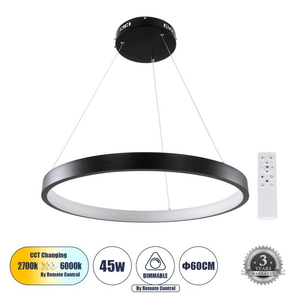 GLOBOSTAR® NEMESIS 61158 Μοντέρνο Κρεμαστό Φωτιστικό Οροφής LED 45W 5230lm 360° AC 220-240V IP20 Ρυθμιζόμενο Λευκό CCT με Χειριστήριο από 2700K έως 6000K Dimmable - Lumileds SMD Chip - Μαυρό - Μ60 x Π60 x Υ4cm - 3 Χρόνια Εγγύηση
