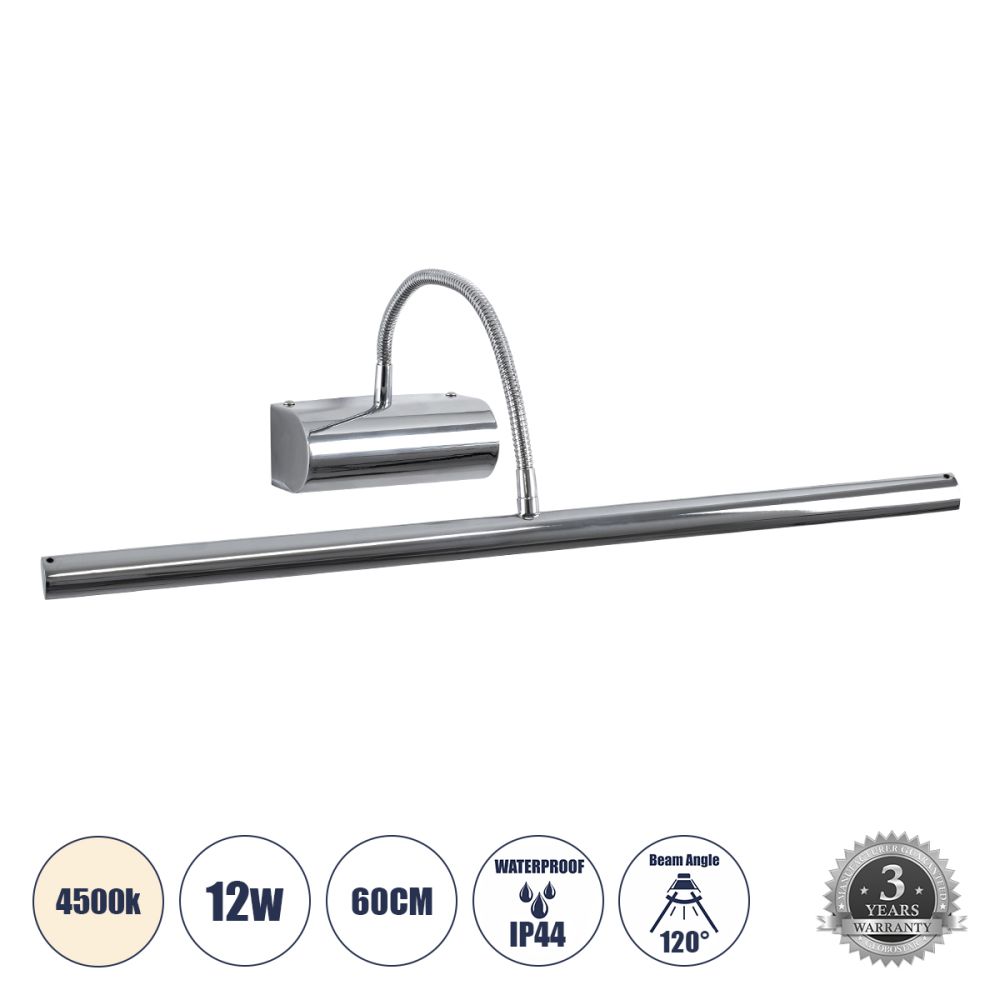GLOBOSTAR® TROIS 60438 Μοντέρνο Φωτιστικό Τοίχου - Απλίκα Καθρέπτη Μπάνιου LED 12W 1400lm 120° AC 220-240V IP44 Φυσικό Λευκό 4500K - Lumileds SMD Chip & TÜV SÜD Driver - Νίκελ Χρώμιο - Μ60 x Π24 x Υ18cm - 3 Χρόνια Εγγύηση