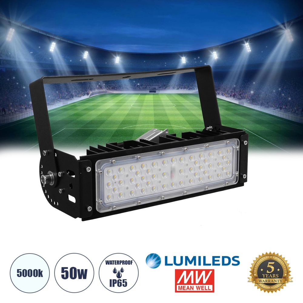 GLOBOSTAR® GOLIATH 90100-1 Προβολέας για Γήπεδα Tennis & Ποδοσφαίρου 5x5 LED 50W 7500lm 75°x135° SDCM<5 Fish Eye Lens AC 220-240V Αδιάβροχο IP65 IK08 Φυσικό Λευκό 5000K - Lumileds SMD Chip & Mean Well Driver - Μαύρο Ματ - Μ32 x Π12 x Υ9cm - 5 Χ