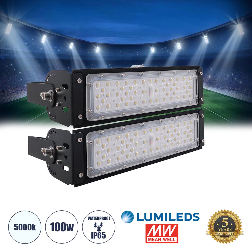 GLOBOSTAR® GOLIATH 90100-2 Προβολέας για Γήπεδα Tennis & Ποδοσφαίρου 5x5 LED 100W 15000lm 75°x135° SDCM<5 Fish Eye Lens AC 220-240V Αδιάβροχο IP65 IK08 Φυσικό Λευκό 5000K - Lumileds SMD Chip & Mean Well Driver - Μαύρο Ματ - Μ32 x Π12 x Υ18cm - 