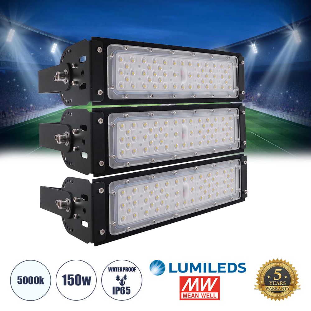 GLOBOSTAR® GOLIATH 90100-3 Προβολέας για Γήπεδα Tennis & Ποδοσφαίρου 5x5 LED 150W 22500lm 75°x135° SDCM<5 Fish Eye Lens AC 220-240V Αδιάβροχο IP65 IK08 Φυσικό Λευκό 5000K - Lumileds SMD Chip & Mean Well Driver - Μαύρο Ματ - Μ32 x Π12 x Υ27cm - 