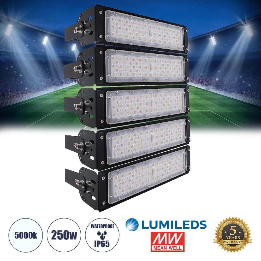 GLOBOSTAR® GOLIATH 90100-5 Προβολέας για Γήπεδα Tennis & Ποδοσφαίρου 5x5 LED 250W 37500lm 75°x135° SDCM<5 Fish Eye Lens AC 220-240V Αδιάβροχο IP65 IK08 Φυσικό Λευκό 5000K - Lumileds SMD Chip & Mean Well Driver - Μαύρο Ματ - Μ32 x Π12 x Υ45cm - 
