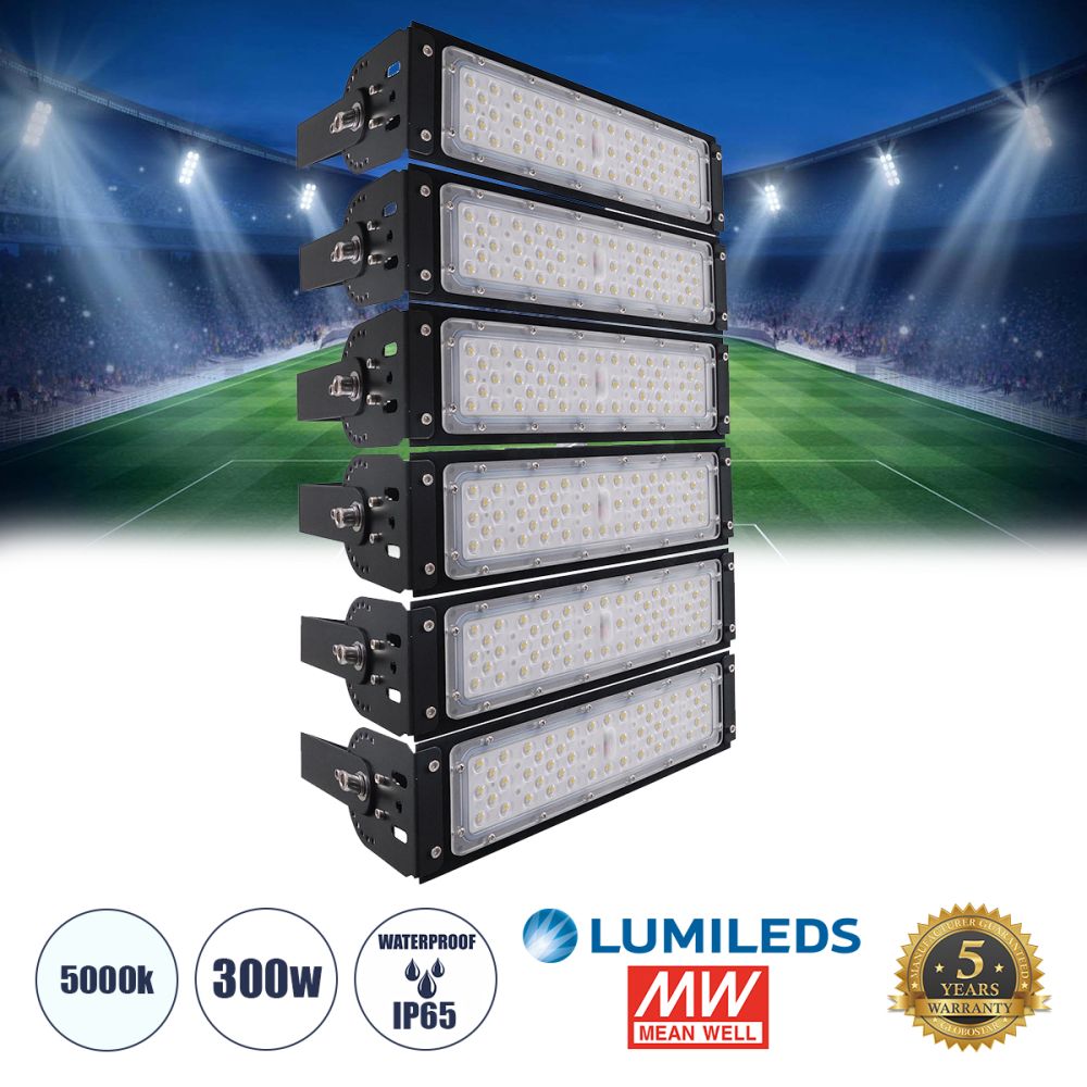 GLOBOSTAR® GOLIATH 90100-6 Προβολέας για Γήπεδα Tennis & Ποδοσφαίρου 5x5 LED 300W 45000lm 75°x135° SDCM<5 Fish Eye Lens AC 220-240V Αδιάβροχο IP65 IK08 Φυσικό Λευκό 5000K - Lumileds SMD Chip & Mean Well Driver - Μαύρο Ματ - Μ32 x Π12 x Υ54cm - 