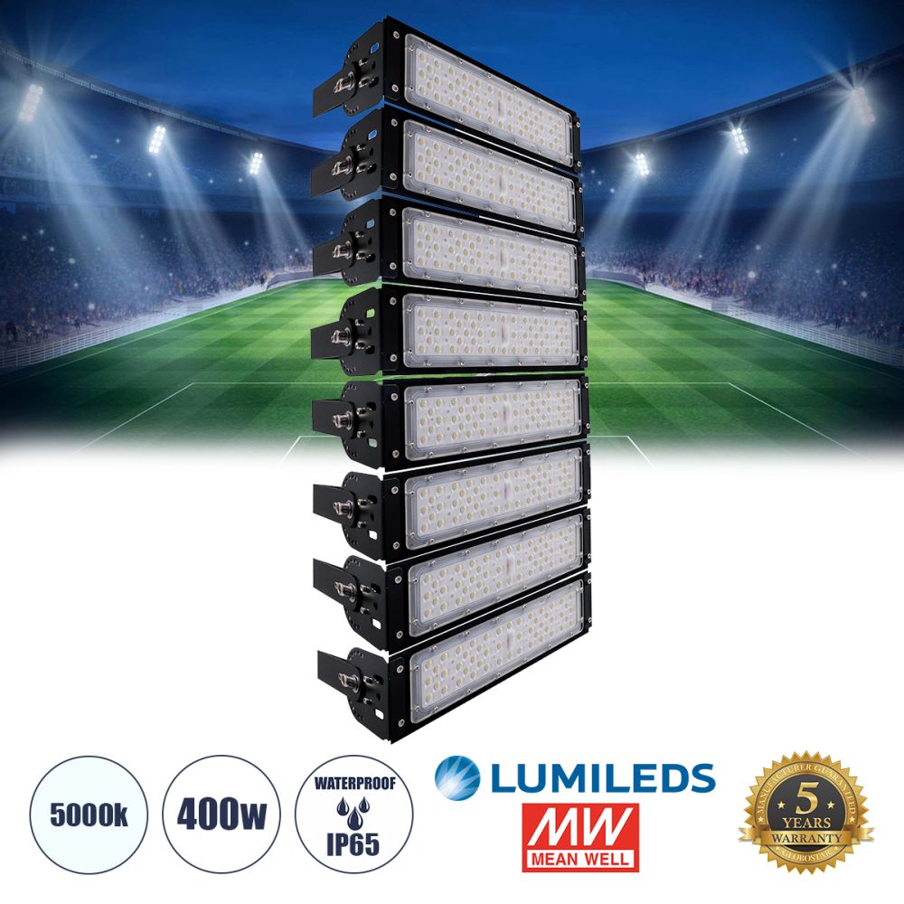 GLOBOSTAR® GOLIATH 90100-8 Προβολέας για Γήπεδα Tennis & Ποδοσφαίρου 5x5 LED 400W 60000lm 75°x135° SDCM<5 Fish Eye Lens AC 220-240V Αδιάβροχο IP65 IK08 Φυσικό Λευκό 5000K - Lumileds SMD Chip & Mean Well Driver - Μαύρο Ματ - Μ32 x Π12 x Υ72cm - 