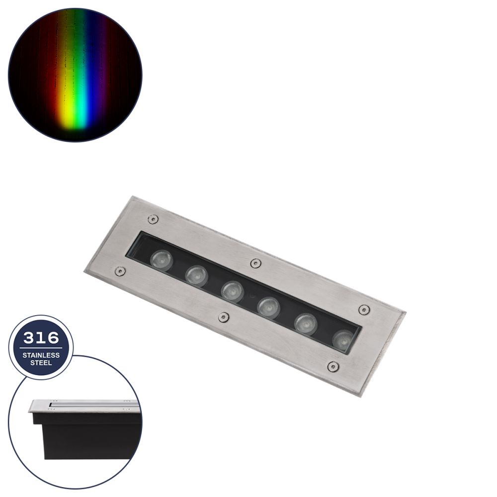 GLOBOSTAR® UNDERGROUNDREMVI 90191 Χωνευτή Μπάρα Φωτισμού Wall Washer LED 9W 765lm 10° DC 24V Αδιάβροχο IP68 Πολύχρωμο RGBW Dimmable DMX512 - Bridgelux SMD Chip - Ανοξείδωτο Ατσάλι SS316 - Μ30 x Π9 x Υ8.5cm / Q28.5 x 7.5cm - 3 Χρόνια Εγγύηση