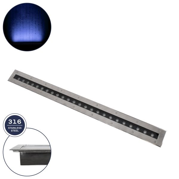 GloboStar® UNDERGROUND-REMVI 90194-B Χωνευτό Φωτιστικό Wall Washer Δαπέδου LED 18W 1440lm 10° DC 24V Αδιάβροχο IP68 L100 x W9 x H7.2cm Μπλε - Ανοξείδωτο Ατσάλι - 3 Years Warranty