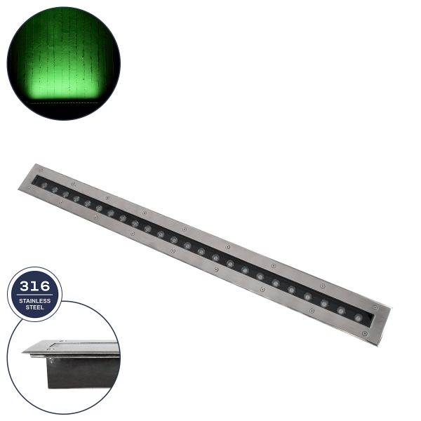 GloboStar® UNDERGROUND-REMVI 90194-G Χωνευτό Φωτιστικό Wall Washer Δαπέδου LED 18W 1440lm 10° DC 24V Αδιάβροχο IP68 L100 x W9 x H7.2cm Πράσινο - Ανοξείδωτο Ατσάλι - 3 Years Warranty