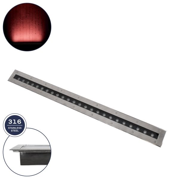 GloboStar® UNDERGROUND-REMVI 90194-R Χωνευτό Φωτιστικό Wall Washer Δαπέδου LED 18W 1440lm 10° DC 24V Αδιάβροχο IP68 L100 x W9 x H7.2cm Κόκκινο - Ανοξείδωτο Ατσάλι - 3 Years Warranty