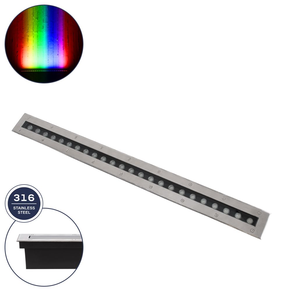 GLOBOSTAR® UNDERGROUNDREMVI 90195 Χωνευτή Μπάρα Φωτισμού Wall Washer LED 24W 2040lm 10° DC 24V Αδιάβροχο IP68 Πολύχρωμο RGBW Dimmable DMX512 - Bridgelux SMD Chip - Ανοξείδωτο Ατσάλι SS316 - Μ100 x Π9 x Υ7.2cm / Q98.2 x 7.6cm - 3 Χρόνια Εγγύηση