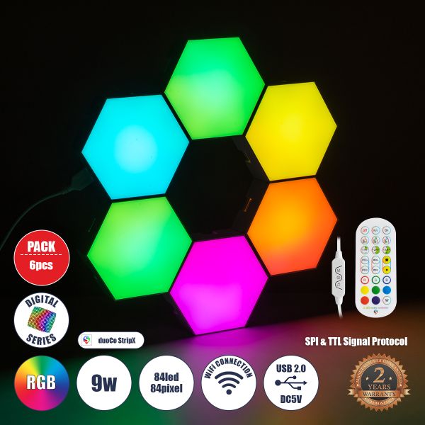 GloboStar® DIGIOCTA 90448 Σετ 6 Ψηφιακων LED RGB Φωτιστικών Κυψελών με Ψηφιακό Controller με WiFi Smart APP & Ασύρματο Χειριστήριο RF 2.4Ghz - LED SMD 5050 9W/Σετ 84PIXEL/Σετ 720lm/Σετ 120° DC 5V με USB 2.0 IP20 Πολύχρωμο RGB - Dimmable - Μ10.5 x Π10.