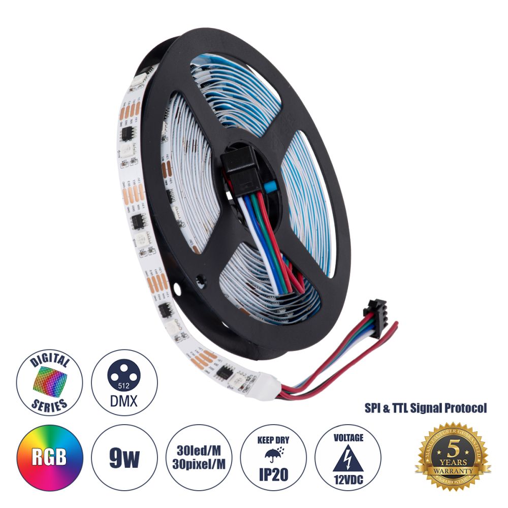 GLOBOSTAR® DIGIPRO 90599 Ψηφιακή Pixel Addressable Ταινία LED 9W/m 540lm/m 120° DC 12V IP20 30 x SMD5050 Chip/m 30 x Pixel/m RGB Dimmable SPI/TTL Protocol IC TM1908 - Sanan SMD Chip - Μ500 x Π1 x Υ0.2cm - Ρολό 5 Μέτρων - 5 Χρόνια Εγγύηση
