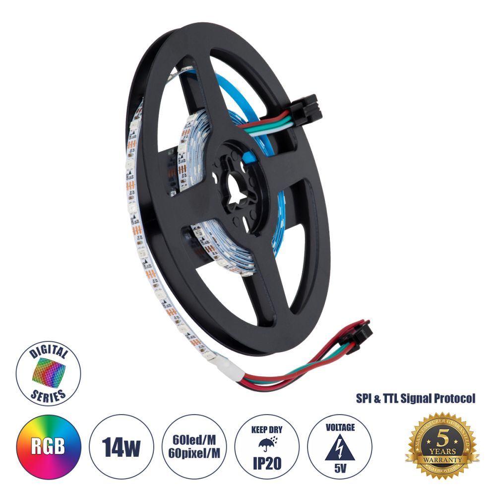GLOBOSTAR® DIGIPRO 90605 Ψηφιακή Pixel Addressable Ταινία LED 14.4W/m 864lm/m 120° DC 5V IP20 60 x SMD3535 Chip/m 60 x Pixel/m Πολύχρωμο RGB Dimmable SPI/TTL Protocol IC WS2812/SK6812 - Sanan SMD Chip - Μ200 x Π0.4 x Υ0.1cm - Ρολό 2 Μέτρων - 5 Χρόνια Εγγύ