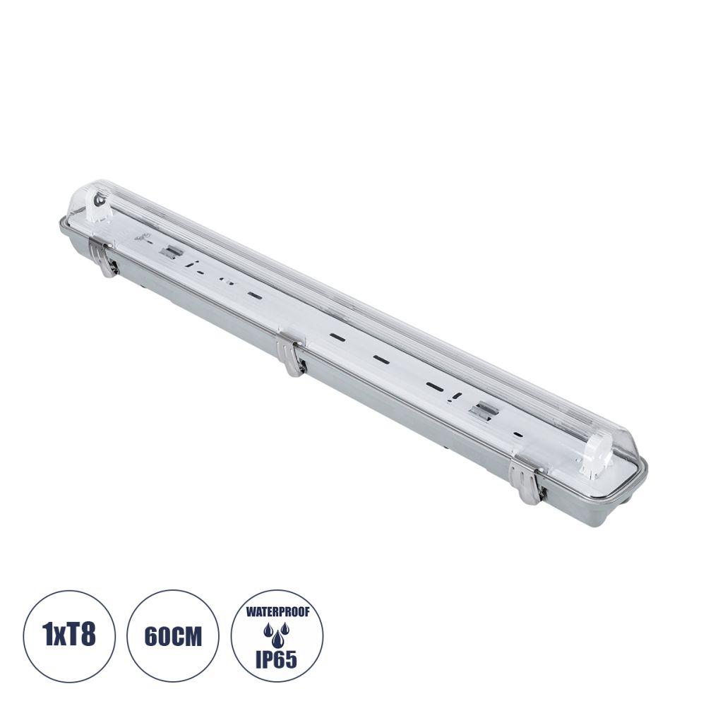 GLOBOSTAR® VIGAS 90610 Γραμμικό Βιομηχανικό Φωτιστικό Σκαφάκι Tri-Proof με Μεταλλικά Clips για 1 x Λάμπα T8 G13 60cm Τύπου Φθορίου LED Τροφοδοσίας Ενός Άκρου 120° AC 220-240V Αδιάβροχο IP65 - Γκρι με Διάφανο Κάλυμμα Πλαστικό PC - Μ66 x Π8 x Υ8cm