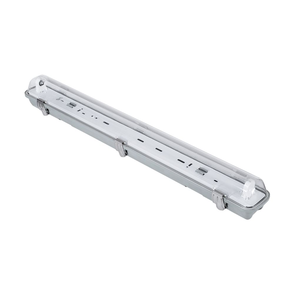 GLOBOSTAR® VIGAS 90610 Γραμμικό Βιομηχανικό Φωτιστικό Σκαφάκι Tri-Proof με Μεταλλικά Clips για 1 x Λάμπα T8 G13 60cm Τύπου Φθορίου LED Τροφοδοσίας Ενός Άκρου 120° AC 220-240V Αδιάβροχο IP65 - Γκρι με Διάφανο Κάλυμμα Πλαστικό PC - Μ66 x Π8 x Υ8cm