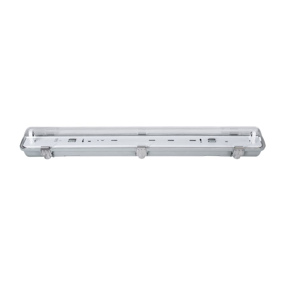 GLOBOSTAR® VIGAS 90610 Γραμμικό Βιομηχανικό Φωτιστικό Σκαφάκι Tri-Proof με Μεταλλικά Clips για 1 x Λάμπα T8 G13 60cm Τύπου Φθορίου LED Τροφοδοσίας Ενός Άκρου 120° AC 220-240V Αδιάβροχο IP65 - Γκρι με Διάφανο Κάλυμμα Πλαστικό PC - Μ66 x Π8 x Υ8cm