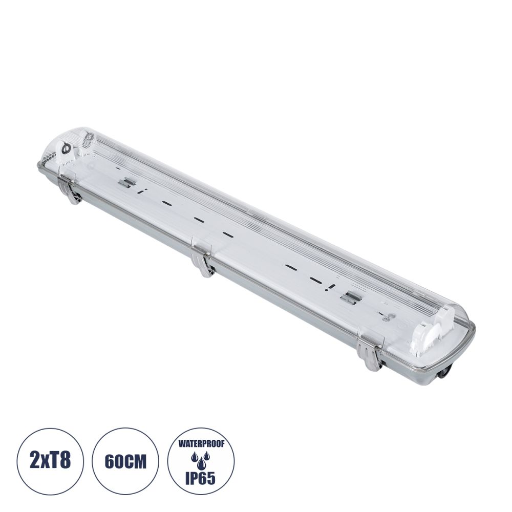 GLOBOSTAR® VIGAS 90611 Γραμμικό Βιομηχανικό Φωτιστικό Σκαφάκι Tri-Proof με Μεταλλικά Clips για 2 x Λάμπες T8 G13 60cm Τύπου Φθορίου LED Τροφοδοσίας Ενός Άκρου 120° AC 220-240V Αδιάβροχο IP65 - Γκρι με Διάφανο Κάλυμμα Πλαστικό PC - Μ66 x Π11.5 x Υ9cm