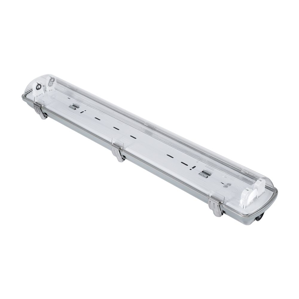 GLOBOSTAR® VIGAS 90611 Γραμμικό Βιομηχανικό Φωτιστικό Σκαφάκι Tri-Proof με Μεταλλικά Clips για 2 x Λάμπες T8 G13 60cm Τύπου Φθορίου LED Τροφοδοσίας Ενός Άκρου 120° AC 220-240V Αδιάβροχο IP65 - Γκρι με Διάφανο Κάλυμμα Πλαστικό PC - Μ66 x Π11.5 x Υ9cm
