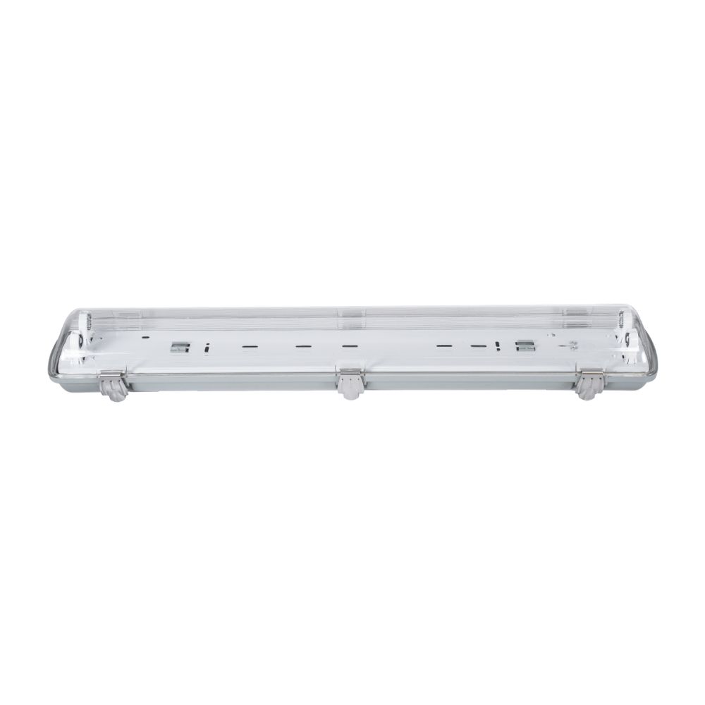 GLOBOSTAR® VIGAS 90611 Γραμμικό Βιομηχανικό Φωτιστικό Σκαφάκι Tri-Proof με Μεταλλικά Clips για 2 x Λάμπες T8 G13 60cm Τύπου Φθορίου LED Τροφοδοσίας Ενός Άκρου 120° AC 220-240V Αδιάβροχο IP65 - Γκρι με Διάφανο Κάλυμμα Πλαστικό PC - Μ66 x Π11.5 x Υ9cm