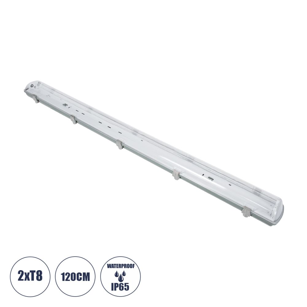 GLOBOSTAR® VIGAS 90613 Γραμμικό Βιομηχανικό Φωτιστικό Σκαφάκι Tri-Proof με Μεταλλικά Clips για 2 x Λάμπες T8 G13 120cm Τύπου Φθορίου LED Τροφοδοσίας Ενός Άκρου 120° AC 220-240V Αδιάβροχο IP65 - Γκρι με Διάφανο Κάλυμμα Πλαστικό PC - Μ126 x Π11.5 x Υ9cm