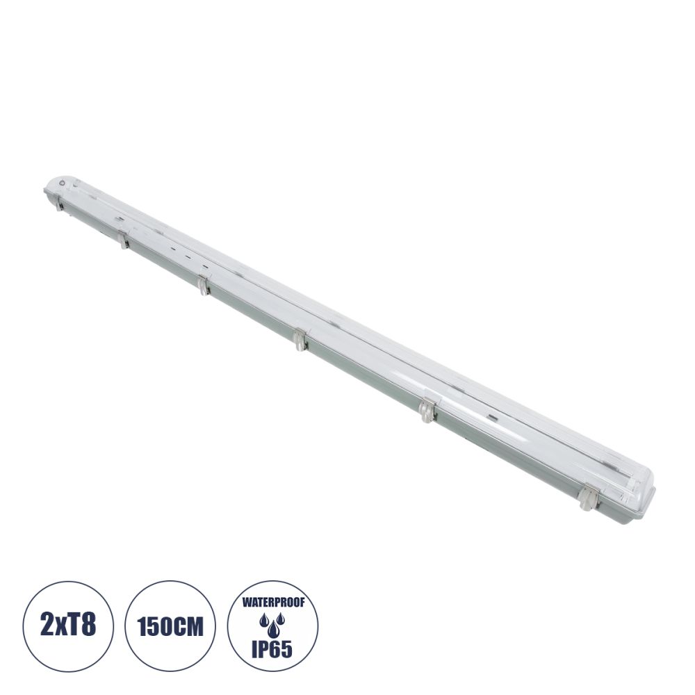 GLOBOSTAR® VIGAS 90615 Γραμμικό Βιομηχανικό Φωτιστικό Σκαφάκι Tri-Proof με Μεταλλικά Clips για 2 x Λάμπες T8 G13 150cm Τύπου Φθορίου LED Τροφοδοσίας Ενός Άκρου 120° AC 220-240V Αδιάβροχο IP65 - Γκρι με Διάφανο Κάλυμμα Πλαστικό PC - Μ156 x Π12 x Υ9cm