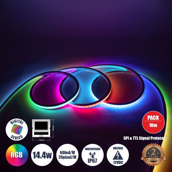 GLOBOSTAR® NEONIO 90753 Ψηφιακή Pixel Addressable Ταινία Neon Flex LED 14.4W/m 864lm/m 90° DC 12V Αδιάβροχο IP67 60 x SMD5050 Chip/m 20 x Pixel/m Πολύχρωμο RGB Dimmable SPI/TTL Protocol IC SM16703P/WS2811/WS2812 - Μ1000 x Π1.4 x Υ1.4cm - Ρολό 10 Μέτρων - 