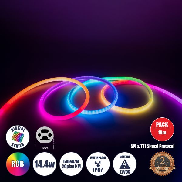 GLOBOSTAR® NEONIO-D 90756 Ψηφιακή Pixel Addressable Ταινία Neon Flex LED 14.4W/m 864lm/m 360° DC 12V Αδιάβροχο IP65 60 x SMD5050 Chip/m 20 x Pixel/m Πολύχρωμο RGB Dimmable SPI/TTL Protocol IC SM16703P/WS2811/WS2812 - Sanan SMD Chip - Μ1000 x Π2 x Υ2cm - Ρ