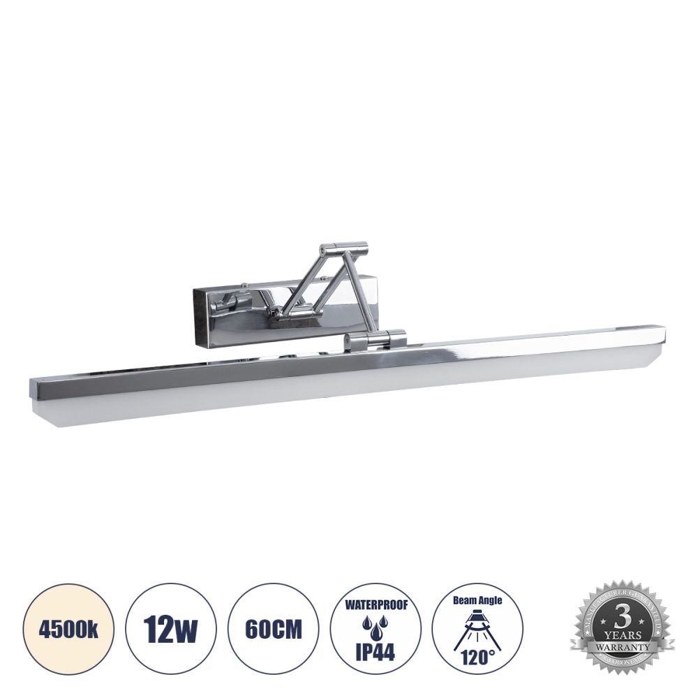 GLOBOSTAR® MARA 60447 Μοντέρνο Φωτιστικό Τοίχου - Απλίκα Καθρέπτη Μπάνιου LED 12W 1400lm 120° AC 220-240V IP20 Φυσικό Λευκό 4500K - Lumileds SMD Chip & TÜV SÜD Driver - Νίκελ Χρώμιο - Μ60 x Π15 x Υ13cm - 3 Χρόνια Εγγύηση