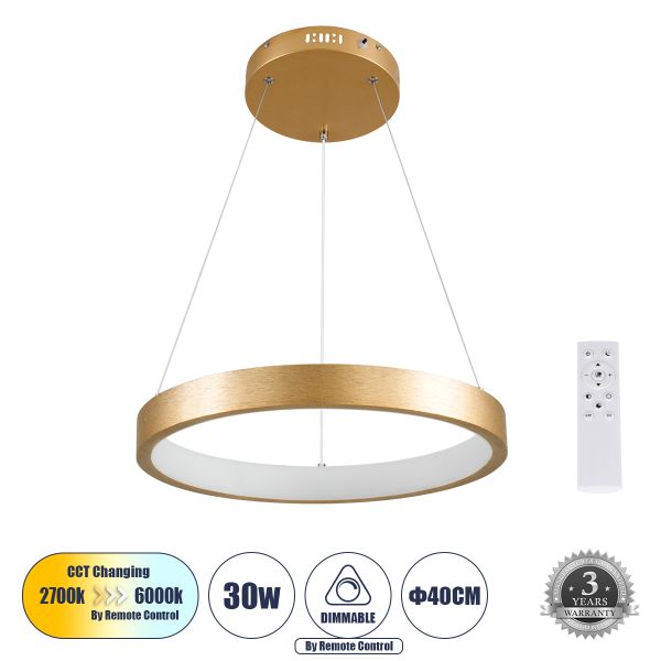 GLOBOSTAR® NEMESIS 61157 Μοντέρνο Κρεμαστό Φωτιστικό Οροφής LED 30W 3513lm 360° AC 220-240V IP20 Ρυθμιζόμενο Λευκό CCT με Χειριστήριο από 2700K έως 6000K Dimmable - Lumileds SMD Chip - Χρυσό Βούρτσας - Μ40 x Π40 x Υ4cm - 3 Χρόνια Εγγύηση