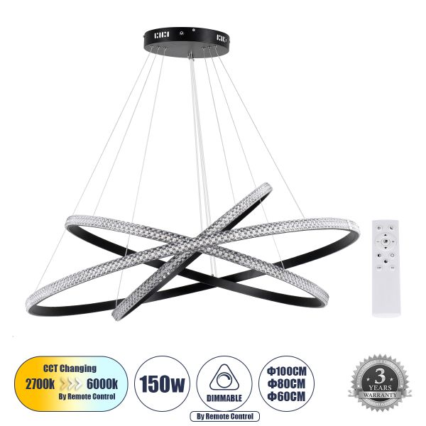 GLOBOSTAR® DIAMOND TRIO 61140-DECO Μοντέρνο Κρεμαστό Φωτιστικό Οροφής LED 150W 18379lm 360° AC 220-240V IP20 Ρυθμιζόμενο Λευκό CCT με Χειριστήριο από 2700K έως 6000K Dimmable - Lumileds SMD Chip - Μαύρο - Μ60 x Π80 x Υ100cm - 3 Χρόνια Εγγύηση